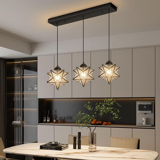 Farmhouse Modern Glam Chandelier Dining Room Clear Glass Star Pendants Light Fixture Kitchen Island LED Ceiling Hanging Lights Included Warm Light Bulbs Black-Ruum Studio Home
