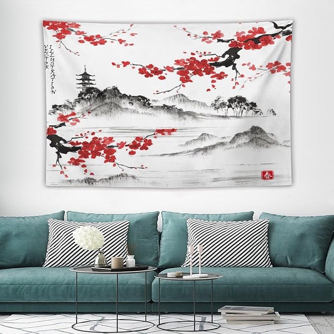 Cherry Blossoms Tapestry, Japanese Fuji Mountain Tapestry, Asian Japanese Wall Tapestry, Nature Landscape Tapestries for Bedroom Living Room Decor 60"x40"-Ruum Studio Home