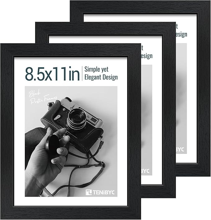 8.5x11 Picture Frame Set of 3 - Black Woodgrain, Solid Wood & HD Tempered Glass, Table Display or Wall Hanging-Ruum Studio Home