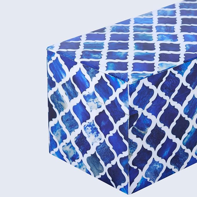 Handicrafts Home Handmade Moroccan Pattern Inspired Decorative Box - Large Storage Organizer for Neck Chains, Watches, Memory Keepsakes - Boho Style Treasure Box, Multipurpose Gift - Blue, 10x5x5-Ruum Studio Home