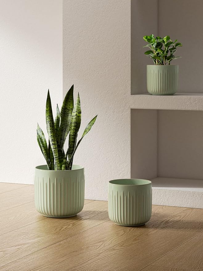 LE TAUCI Fluted Ceramic Planters Set of 3 – 8.3/7 / 5.7 in Sage Green Reactive Cylinder Indoor Plant Pots with Drainage Plug & Mesh, Glossy Stoneware Flower Pots for Succulents Herbs-Ruum Studio Home