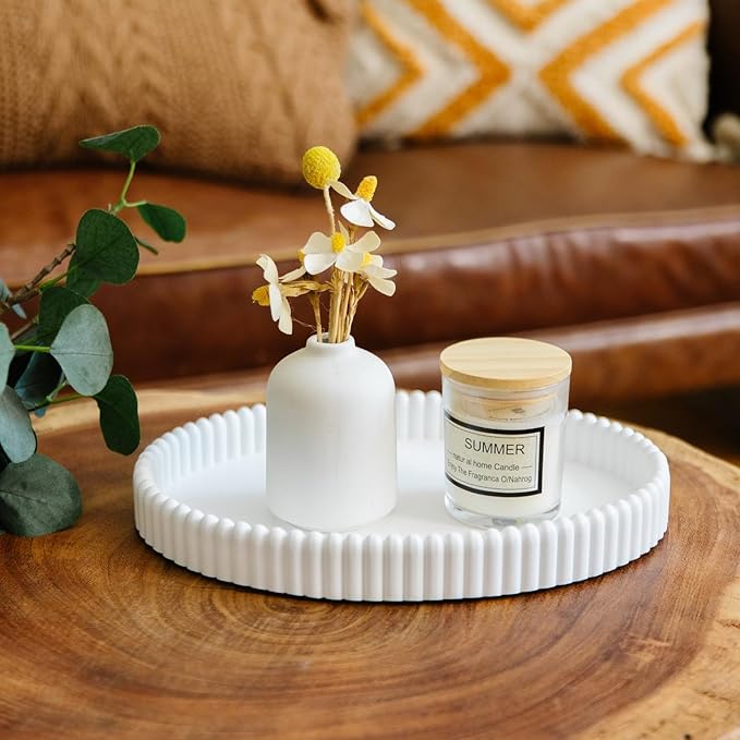 11.8in Decorative Tray for Coffee Table Decor- Modern Oval Concrete Tray for Home Decor- Minimalist Handcrafted Centerpieces Tray for Living Room, Kitchen Dining Table, Entryway (White)-Ruum Studio Home