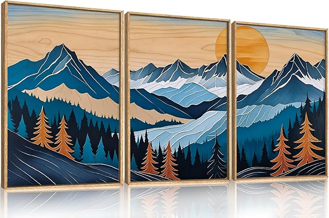 Celestdeco Blue Woodcut Mountain Framed Canvas Wall Art Set, Boho Abstract Ridge Wall Decor, Pine Tree Landscape Wall Painting, Sunrise Forest Art Print for Living Room, Bedroom, Office - 24"X36"X3-Ruum Studio Home