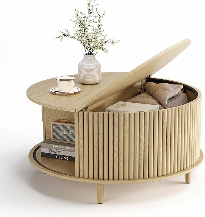 Round Coffee Table with Storage,Mid Century Modern Dining Table with Sliding Cabinet Door for Living Room,Home Small Space,31.5" Small Center Table,Oak-Ruum Studio Home