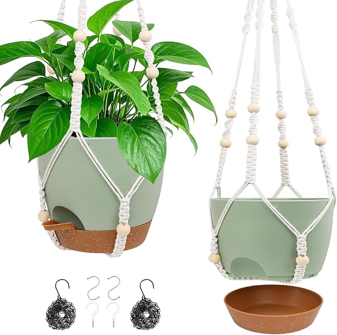 Hanging Planters for Indoor Outdoor Plants, 2 Pack Self Watering Hanging Pot with Drainage Holes, Removable Tray & 2 Kinds of Plant Hangers, 8'' Hanging Flower Pots for Home Garden Decor, Green-Ruum Studio Home