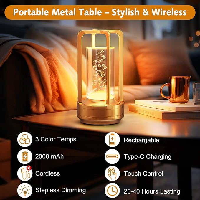 Portable Table Lamp for Outdoor Indoor: Cordless Rechargeable Desk Lamp with 3 Color Stepless Dimmable - Metal Battery Operated Small Lantern Light for Restaurant/Bedroom/Bar/Coffee Shop/Camping-Ruum Studio Home
