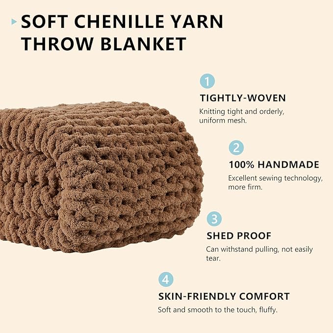 L'AGRATY Chunky Knit Blanket Throw: 72''x84'' Chenille Chunky Knitted Throw Blanket for Bed Couch - Handmade Thick Big Cable Knit Blanket - Large Chunky Crochet Rope Blanket for Home Decor(Brown)-Ruum Studio Home
