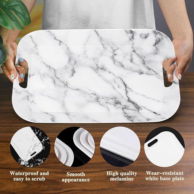 Serving Trays with Handles, 14.5 x 9.8 inch Rectangular Plastic Tray for Restaurant, Kitchen, Gray White Marble-Ruum Studio Home
