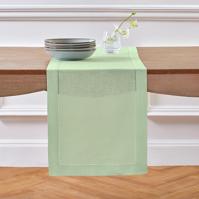 Solino Home Linen Hemstitch Table Runner 108 Inches Long - 100% Pure Linen Light Green Table Runner 14 x 108 Inch - Classic Hemstitch-Ruum Studio Home
