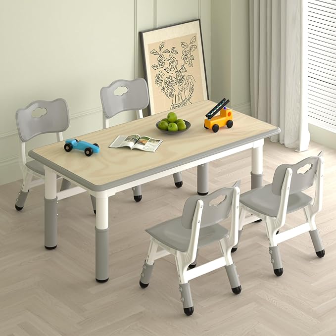 Kids Study Table and 4 Chairs Set,Height Adjustable Table and Chairs for Children and Toddlers,47.2"X23.6"Graffiti Desktop,Suitable for Daycare,Classrooms, Home-Ruum Studio Home