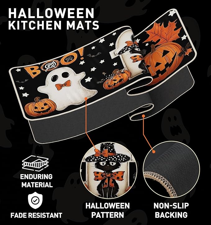 Halloween Kitchen Mat Set of 2, Pumpkin Ghosts Boo Cat Halloween Decor, Halloween Rug for Floor, Indoor Home Decor with Non-Slip Backing,17 x 29 Inch & 17 x 47 Inch-Ruum Studio Home
