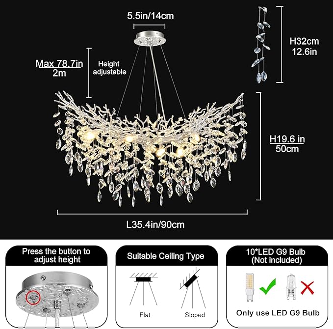 Modern Crystal Silver Chandelier, 36" Large Rectangular Oval Tree Branch Crystal Chandeliers for Dining Room,16-Light Flush Mount K9 Crystal Chandeliers, for Kitchen Island,Dining Room-Ruum Studio Home