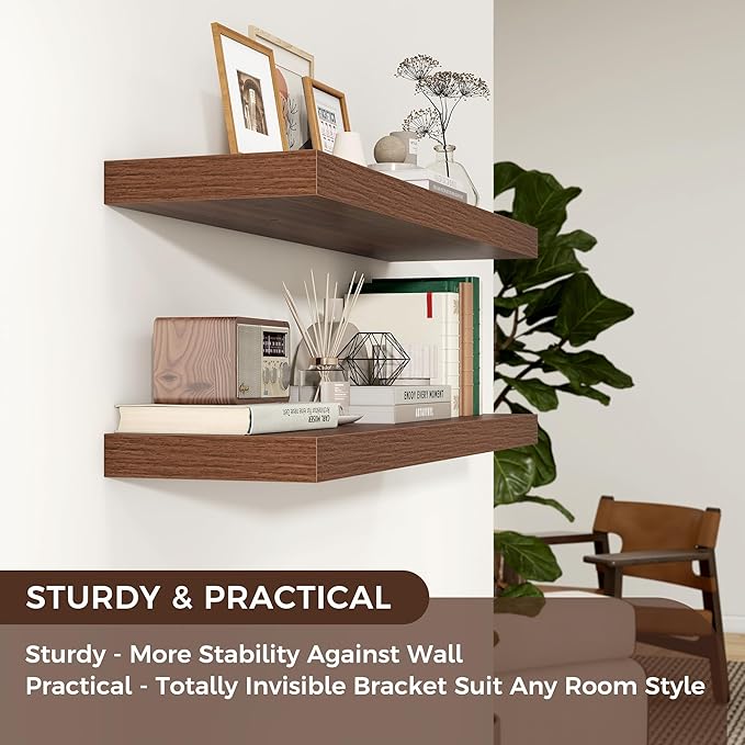 Floating Shelves - 2 Large Wall Mounted Shelves with Invisible Brackets, Long Walnut Wood Floating Wall Shelf for Living Room, Bedroom, Kitchen (36" W x 9" D x 1.5" H)-Ruum Studio Home