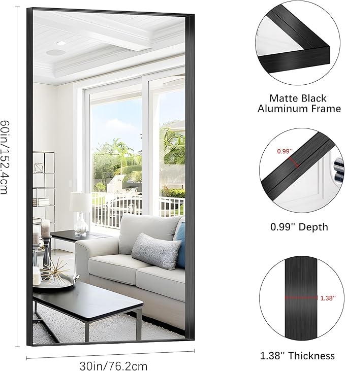 Black Bathroom Mirror, 30x60 Inch Rectangular Deep Frame Mirror, Large Wall Mounted Bathroom Vanity Mirror Over Sink for Bedroom,Restroom, Living Room, Hangs Vertically or Horizontally-Ruum Studio Home