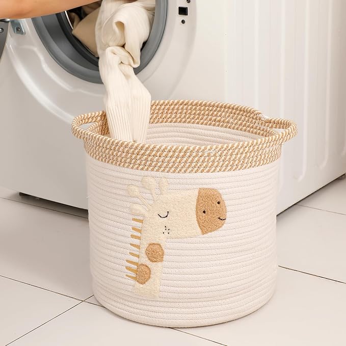 INough Toy Storage Baskets Woven Cotton Rope Storage Basket for Kids, Blanket Baskets for Living Room Toys Organizer with Embroidery Decor, Cute Baskets with Handle for Nursery, Playroom (Giraffe)-Ruum Studio Home