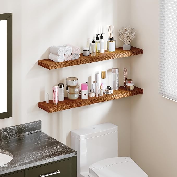 BAMEOS Floating Shelves, American Oak Wall Mounted Wooden Shelves with Invisible Brackets Set of 2, Hanging Wall Shelves Decoration for Bedroom, Bathroom, Living Room and Kitchen-Ruum Studio Home