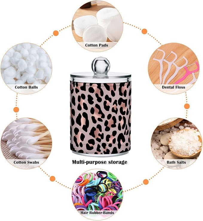 2 Pack Qtip Holder Dispenser Rose Gold Black Leopard Bathroom Storage Canister Lid Acrylic Plastic Apothecary Jar Set Vanity Makeup Organizer for Cotton Swab/Ball/Round Pads, Floss-Ruum Studio Home