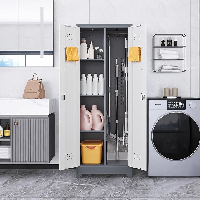 Locking Cabinet,Metal Storage Cabinet with Doors and Shelves,Broom Closet Storage Cabinets for Bedroom,Home Office,Grey-White-Ruum Studio Home