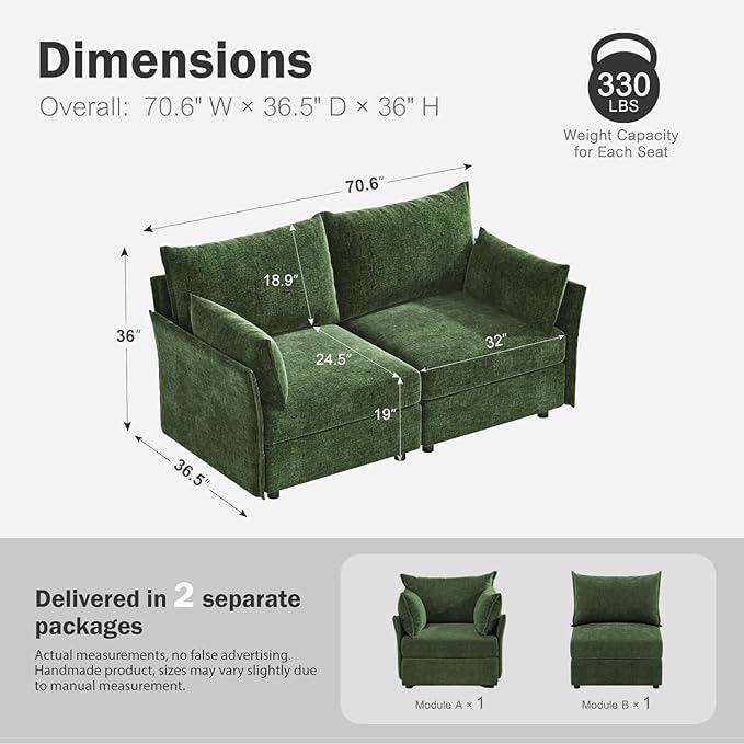 Oversized Loveseat Sofa, Modern Modular Sectional Couch Green Fluffy Chenille Mid Century 2-Seat 24.5" Deep Seat for Apartment, Living Room, Bedroom-Ruum Studio Home