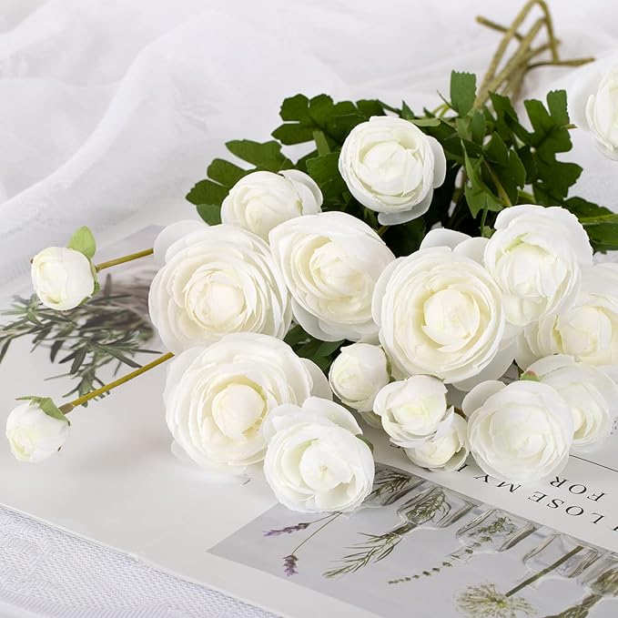 Silk Ranunculus Flowers 23.6 Inch Tall-5 Stems Artificial Buttercup Flowers for Wedding Bouquets, Centerpieces,Home Decor,Floral Arrangements (White,UV Resistant)-Ruum Studio Home