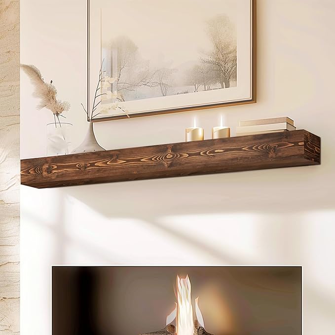 56x8x5 Fireplace Mantel - Handcrafted Hollow Rustic Solid Wood Wall Mounted Floating Shelf with Invisible Heavy Duty Wood Bracket (Weathered Brown)-Ruum Studio Home
