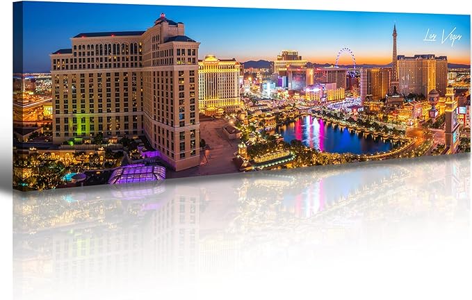 Las Vegas Skyline Wall Art Cityscape Canvas Prints City Modern Building Posters Bellagio Fountain Skyscraper Night View Panoramic Pictures for Home Office Living Room Decor Framed 13.8"x45.3"-Ruum Studio Home