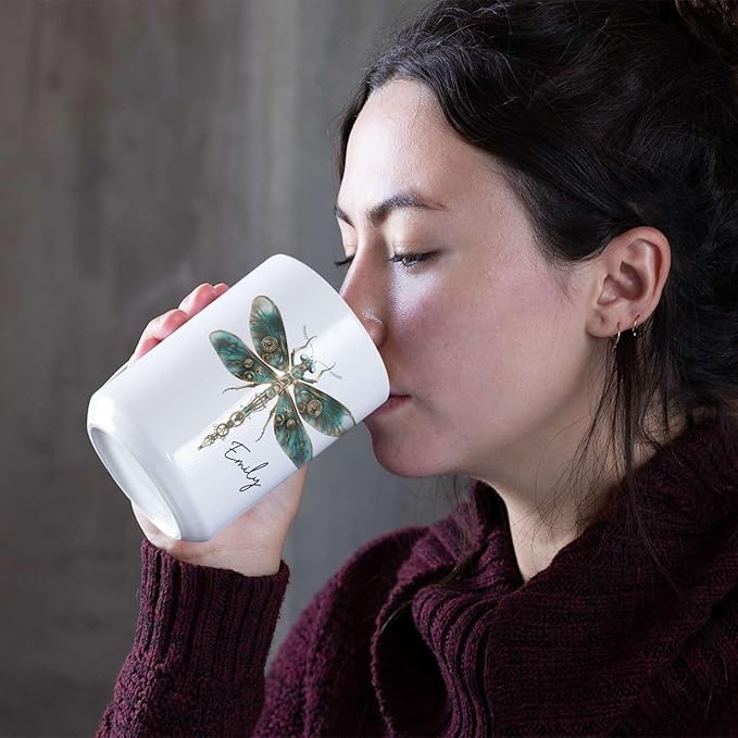 Personalized Steampunk Dragonfly Mug, Customized Name Coffee Cup 11oz, Custom Unique Dragonfly Ceramic Cup, Dragonfly Lovers White Cup, Steampunk Themed Decorative Mug, Kid Cup-Ruum Studio Home