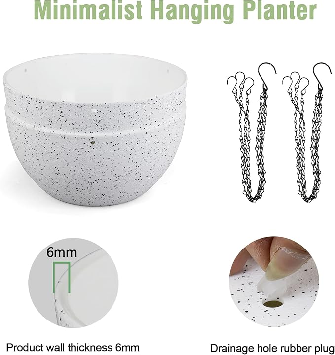 10 inch Hanging Planters for Indoor Outdoor Plants, 2 Pack Hanging Flower Pots with Drainage Holes and Chain for Garden Porch, Plastic Hanging Baskets for House Plants, Speckled White-Ruum Studio Home