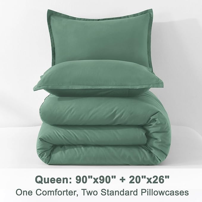 Litanika Comforters Queen Size Haze Green, 3 Pieces Lightweight Solid Bedding Set & Collections, All Season Fluffy Bed Set (90x90 Inches Comforter & 2 Pillowcases)-Ruum Studio Home