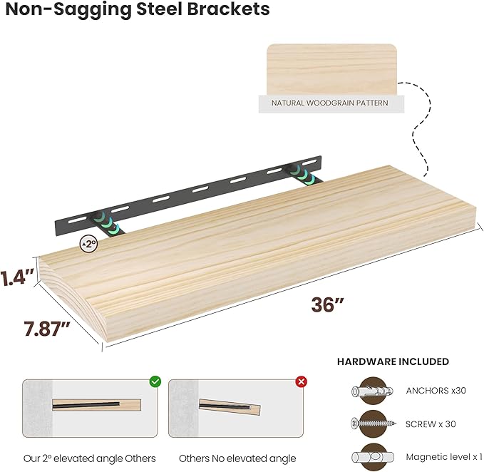 Light Wood Floating Shelves 36”x 8”x 1.4” Book Shelf Floating for Wall Mounted, Heavy Duty Shelf Hold 80 lbs, Unfinished Rustic Wall Shelves for Bedroom, Living Room, Kitchen, Office, Laundry Room-Ruum Studio Home