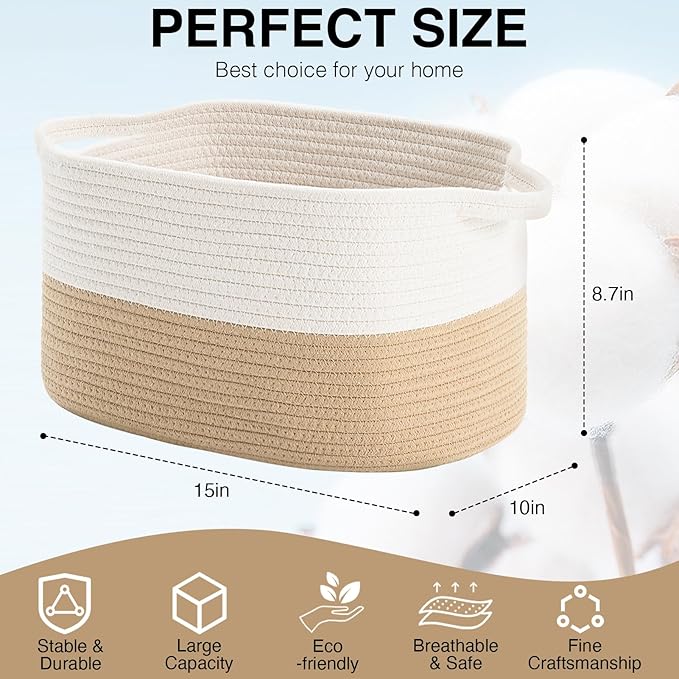 Cotton Rope Woven Storage Basket, Used for Baby Hamper Toy Organizer, Gift Baskets Empty,Kids Laundry Basket,Baby Blanket Storage. Size 15x10x8.7 Inches. (White&Khaki-3PCS)-Ruum Studio Home