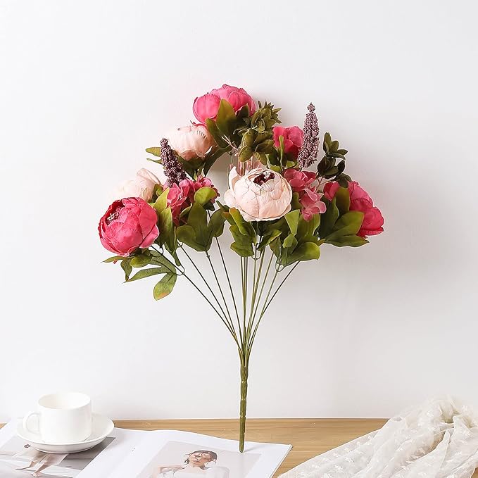 Duovlo Fake Flowers Vintage Artificial Peony Silk Flowers Wedding Home Decoration,Pack of 1 (Dark Pink)-Ruum Studio Home