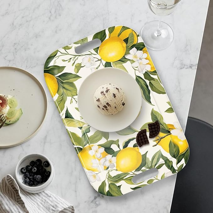 Serving Trays with Handles, 14.5 x 9.8 inch Rectangular Plastic Tray for Restaurant, Kitchen, Lemon and Lemon-Ruum Studio Home