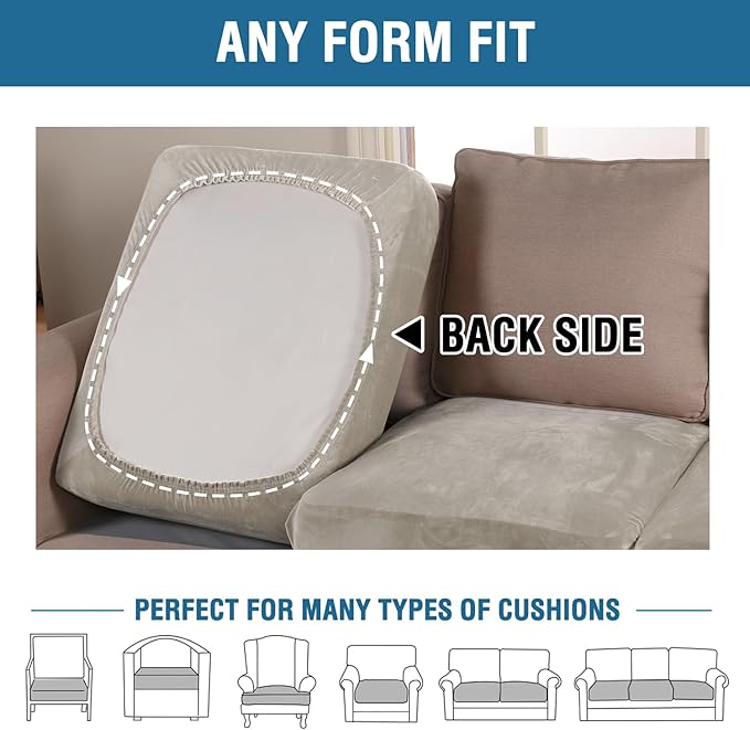 H.VERSAILTEX Velvet Stretch Couch Cushion Cover Plush Cushion Slipcover for Chair Loveseat Sofa Cushion Furniture Protector Seat Cushion Sofa Cover (3 Piece XL Sofa Cushion Covers, Oatmeal)-Ruum Studio Home