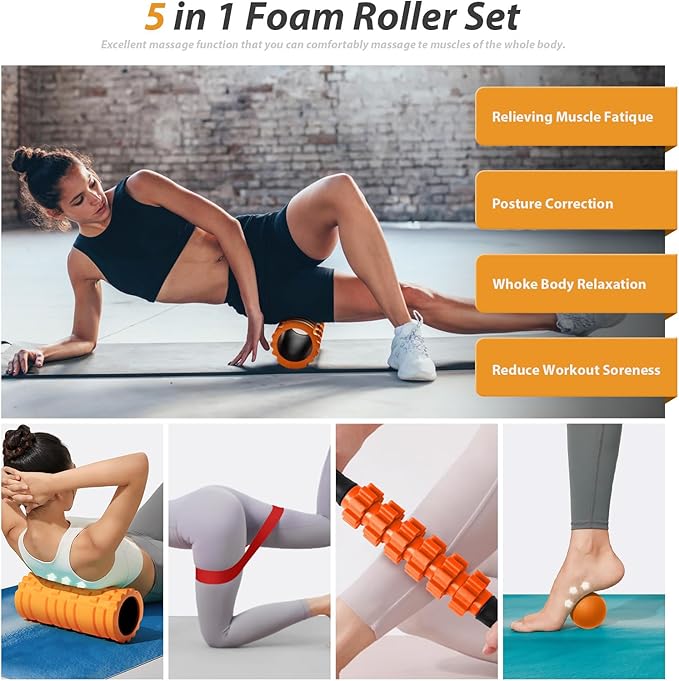 5 in 1 Foam Roller Set for Deep Tissue Muscle Massage, Trigger Point Fitness Exercise Foam Roller, Massage Roller, Massage Ball, Stretching Strap, for Whole Body (Orange-New)-Ruum Studio Home