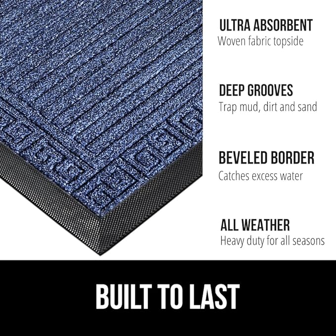 GORILLA GRIP 100% Waterproof All-Season WeatherMax Doormat 35x23, US Designed Natural Rubber, Stain and Fade Resistant, Low Profile Indoor Outdoor Door Mats, Easy Clean Patio Mat, Navy Greek Keys-Ruum Studio Home