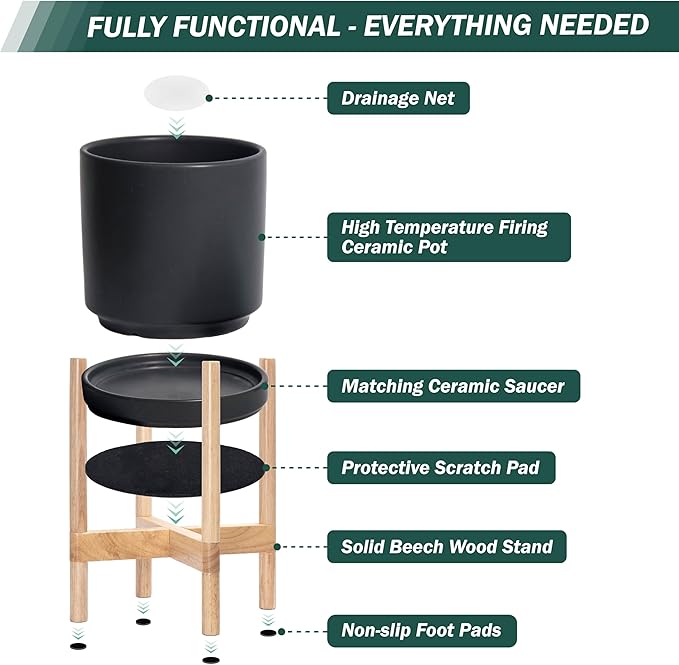 D'vine Dev Ceramic Planter with Natural Stand - 12 Inch Modern Round Flower Pot with Wood Planter Holder, Black, 55-B-J-2-Ruum Studio Home