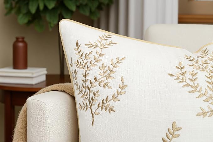 VAGMINE Embroidered Leaves Throw Pillow Cover - 18x18 Inches Square - 100% Cotton Ivory Decorative Cushion Cover - Minimalistic Pattern - Soft Neutral Accent for Sofa, Bed, Couch, Farmhouse Décor-Ruum Studio Home