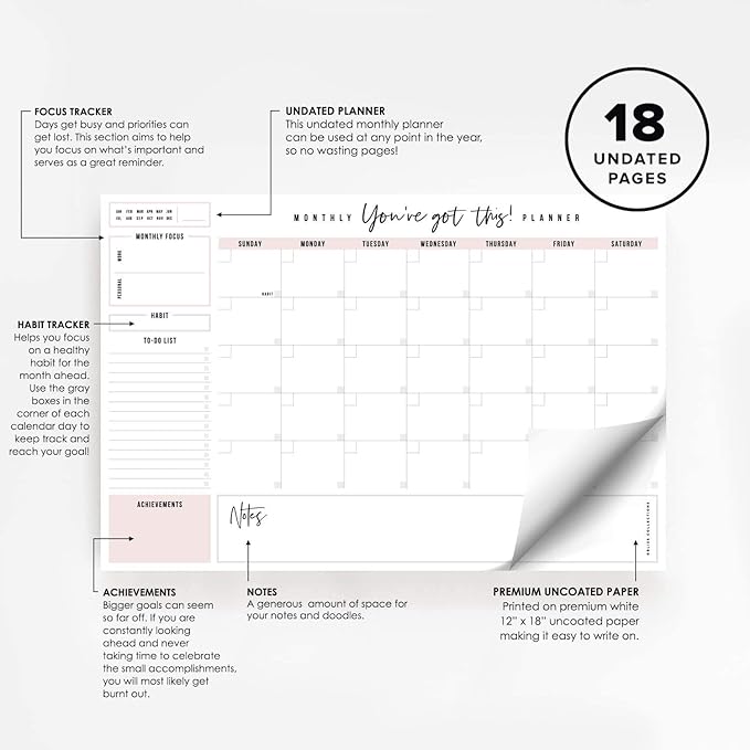 Bliss Collections Monthly Planning Pad, To Do List Notebook - Undated Tear-Off Sheets Notepad - Work Calendar, Organizer, Scheduler for Goals, Tasks - You've Got This (Pink), 12" x 18", 18 Sheets-Ruum Studio Home