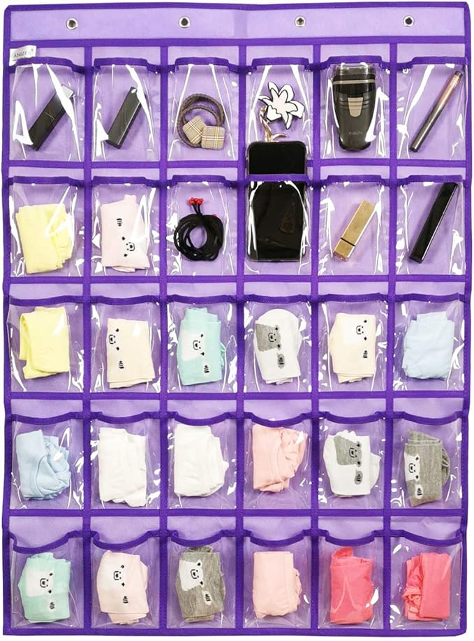 Classroom Pocket Chart for Phone Calculator Holder Over The Door Hanging Closet Jewelry Organizer with 30 Clear Pockets (Purple)-Ruum Studio Home