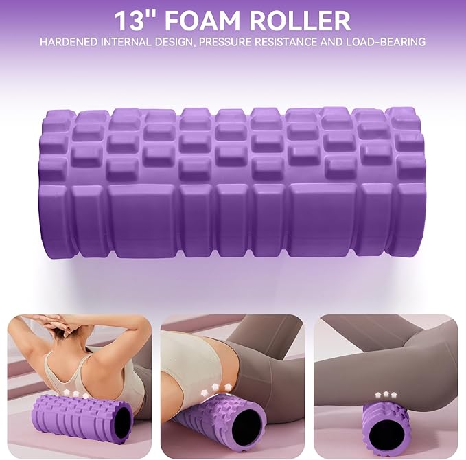 5 in1 Foam Roller Set, High Density Deep Tissue Massager for Muscle Massage, Massage Roller, Massage Ball, Resistance Band for Whole Body Physical Therapy Deep Muscle Massage (Purple)-Ruum Studio Home