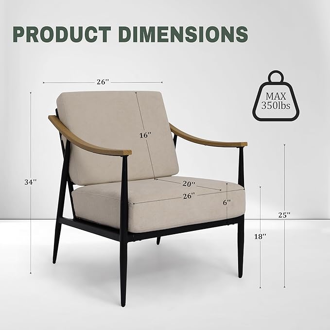 Modern Accent Chair for Living Room Bedroom Mid Century Arm Chair Upholstered Office Accent Chair Comfy Waiting Room Chair with Metal Frame, Beige-Ruum Studio Home