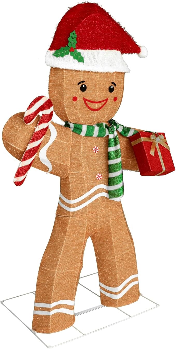 5FT Gingerbread Man with Candy Cane and Gift Box Decoration, 2.5D Pre-Lit Gingerbread Man Decor with 120 LED Lights for Christmas, Freestanding Glittered Holiday Display for Outdoor, Indoor-Ruum Studio Home