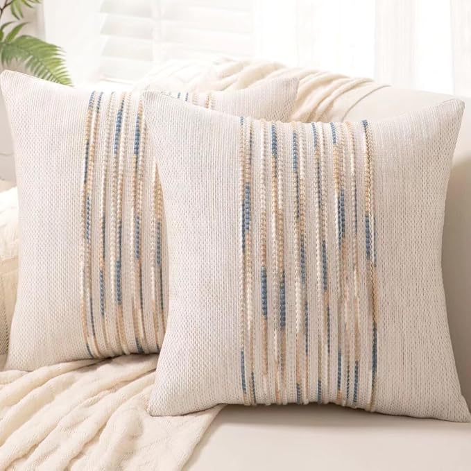 Boho Throw Pillow Covers 18x18 Set of 2 Farmhouse Decorative Cushion Case Striped Square Pillows Cover Chenille Pillow Cases Accent Neutral Pillowcase for Sofa Couch Bed,Yellow-Blue-Ruum Studio Home