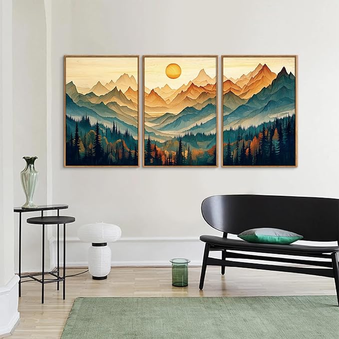Tinonedraw Large Mountain Framed Canvas Wall Art Set of 3, Boho Nature Forest Wall Decor, Neutral Wooden Pine Trees Artwork, Sunrise Ridge Landscape Art Printing for Living Room Bedroom Office 16"x24"-Ruum Studio Home