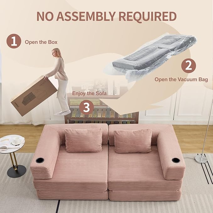78" W Loveseat Sofa, 4 in 1 Convertible Floor Sofa Bed, Boneless Cloud Couch with Cup Holder, Fold Out Floor Couch, Loveseat Recliner Sleeper for Living Room Bedroom Lounge(Corduroy, White)-Ruum Studio Home