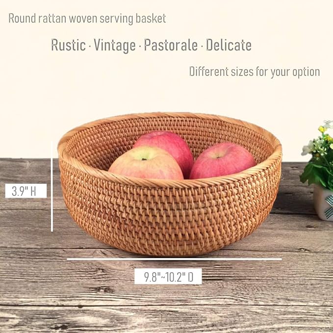 Hadewoven Round Rattan Fruit Basket Wicker Food Tray Weaving Storage Holder Dinning Room Bowl, 10 Inch Woven Bread Basket Key Bowls with 4”Wall for Table, Countertop (Large 9.8")-Ruum Studio Home