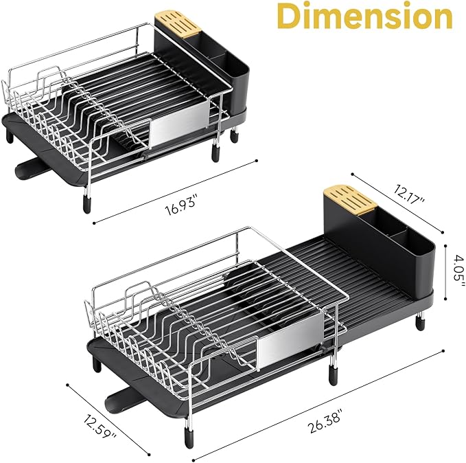 Dish Drying Rack, Expandable Stainless Steel Dish Rack with Drainboard Set Kitchen Sink Organizer for Counter, Large Capacity Kitchen Accessories, Smooth Water Flow-Ruum Studio Home