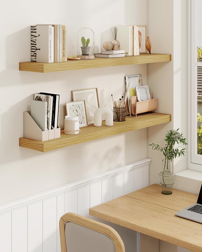 Marsmiles 30" Floating Shelves for Wall, Wooden Shelves with Invisible Brackets Set of 2, Rustic Farmhouse Wall Mounted Shelf for Kitchen Bathroom Living Room Study, Natural Oak-Ruum Studio Home