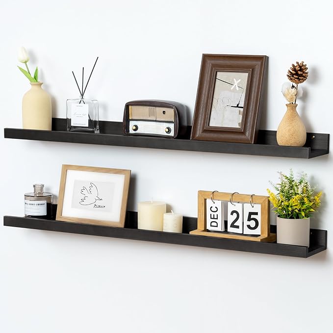 Picture Ledge Shelf for Wall, 36 inch Solid Pine Wood Nursery Book Shelves 2 Packs, Floating Ledge Shelves for Kids' Room Bedroom Bathroom Living Room Photo Frames Office Nursey Wall Decor, Black-Ruum Studio Home